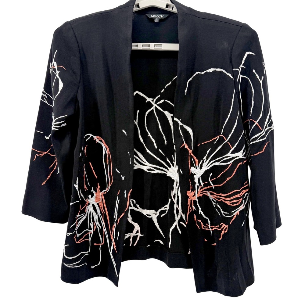 Misook Knit Cardigan Womens M Black Abstract Floral Embroidered Open Front Artsy